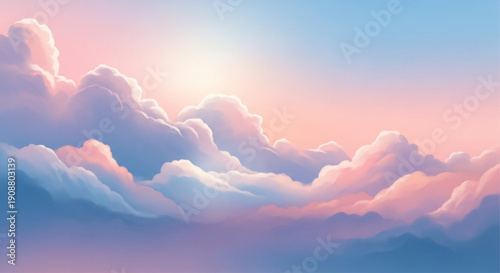 A wide digital painting of a peaceful sky featuring soft clouds with a gradient transition from blue to warm pink.