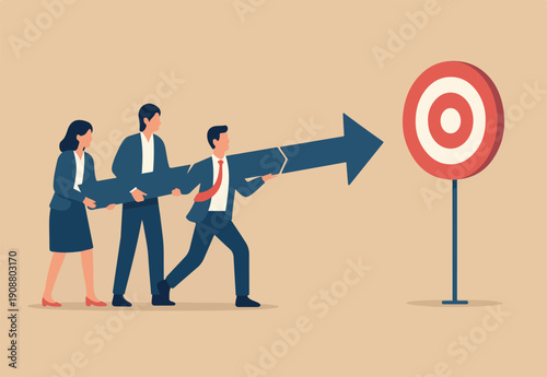 : Team target to success together, teamwork or challenge to work as partnership, coworkers or colleague collaboration to achieve goal concept, business people team work together to connect arrow targe
