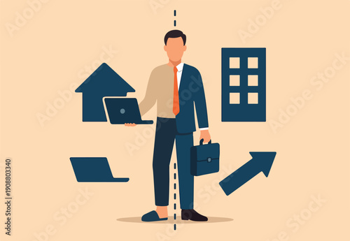 Hybrid work after covid-19 crisis, employee choice to work remotely from home or on site office for best productivity and result concept, businessman with hybrid cloth work both from home and office.