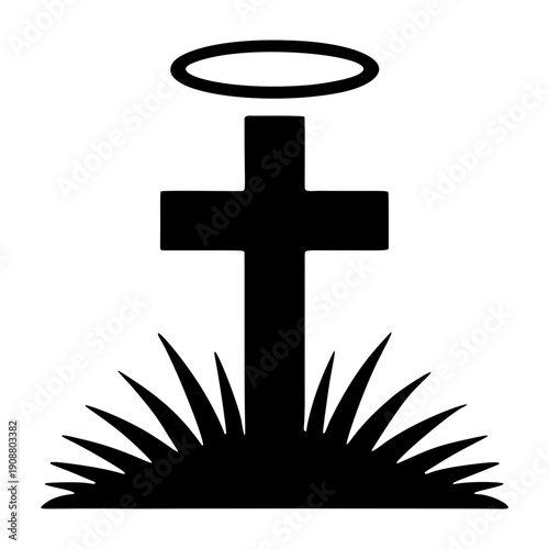Cross of Hope: A stark silhouette of a cross, symbol of faith, rises from a bed of grass beneath a celestial halo, radiating peace. 