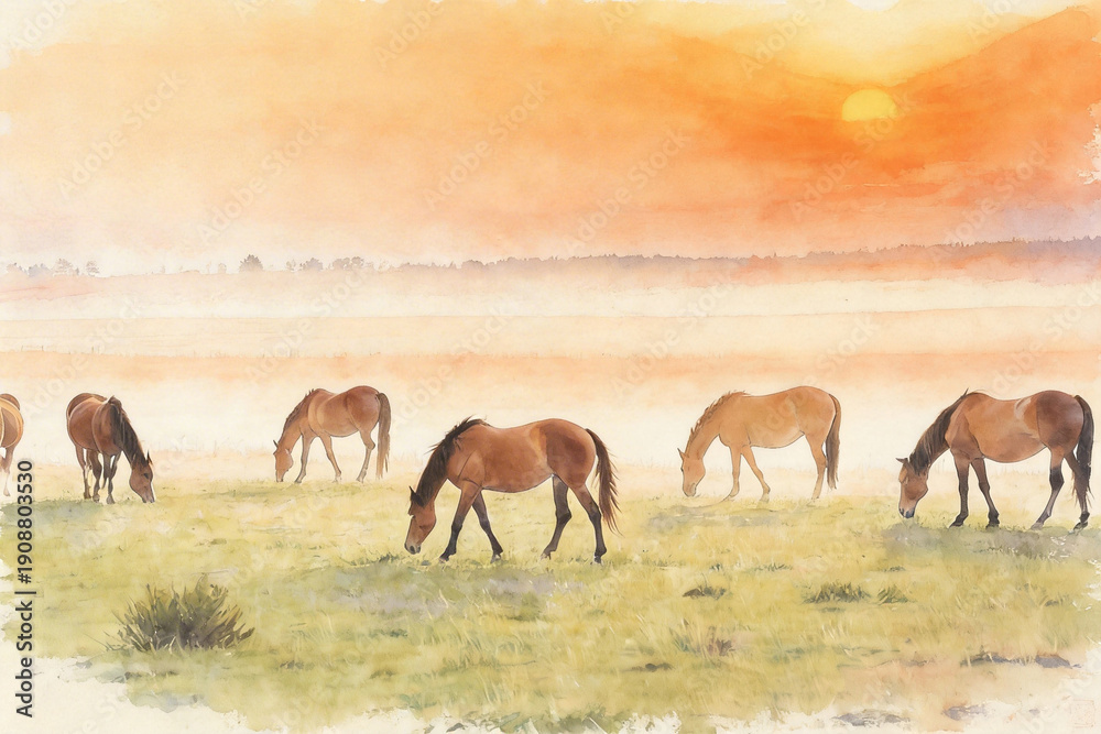 Fototapeta premium Watercolor Painting of Wild Horses at Sunset