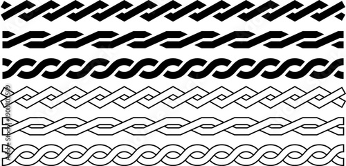 Set of black and white braided and intertwined line icons featuring various twisted rope designs