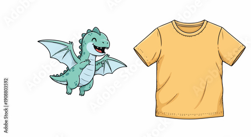 Cartoon green dragon flying next to a yellow t-shirt on a plain white background with flat design elements.