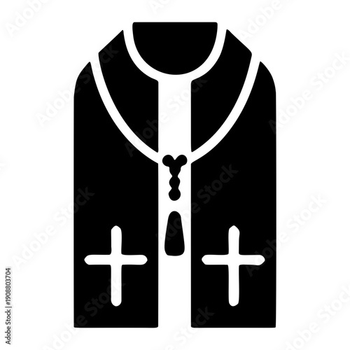 Symbol of Faith: An emblematic black clerical robe is presented, adorned with prominent crosses and a rosary, symbolizing faith and religious devotion. 