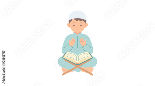 Young Muslim boy praying with Quran in a serene environment.