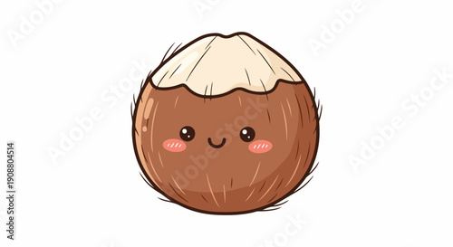 Cartoon coconut with a smiling face and rosy cheeks on a white background, with a playful and cheerful mood.