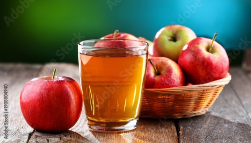 Glass Of Juice With Fresh Apples And Basket On Wooden Surface