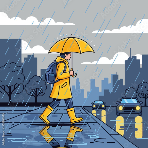 Person with yellow umbrella walking in city rain, reflection in puddles