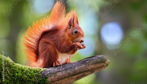 A Red Squirrel Sits On A Branch And Eats A Nut