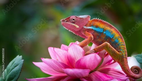 Vibrant Chameleon On Pink Flower Stunning Nature Photography
