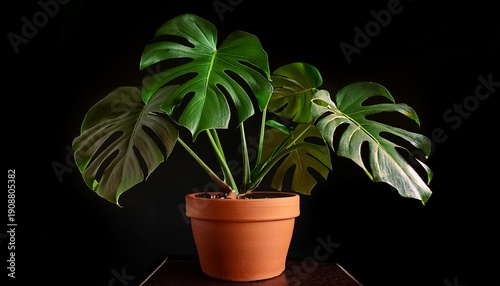 Isolated Monstera Deliciosa Plant With Large Split Leaves In A Terracotta Pot Against A Black Background