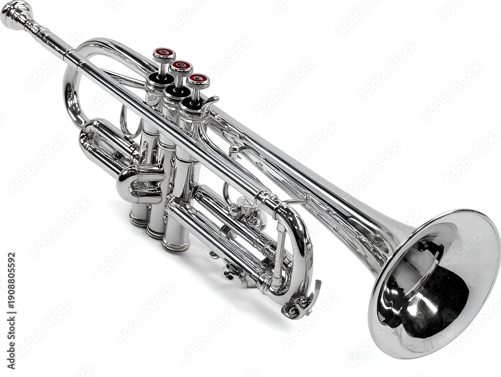Obraz premium A shiny silver trumpet is displayed on a white background, showcasing its elegant design and musical potential for musicians and enthusiasts.