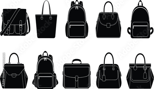Bag vector illustration, black silhouette artwork, fashion accessory design, handbag graphic drawing, backpack icon pattern, tote decorative style collection