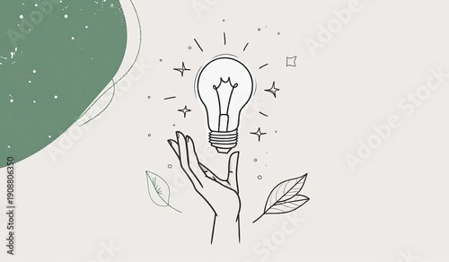 Hand with lightbulb drawing, sparkles, leaves, beige, use in marketing/social media