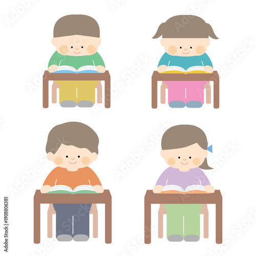 異なる年齢の子どもが机で本を読むイラストセット
