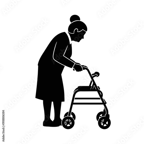 Silhouette of an elderly woman using a walking aid