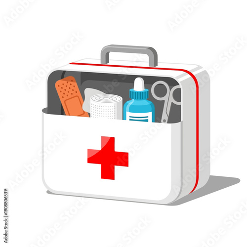 Open first aid kit displaying medical supplies and a prominent red cross