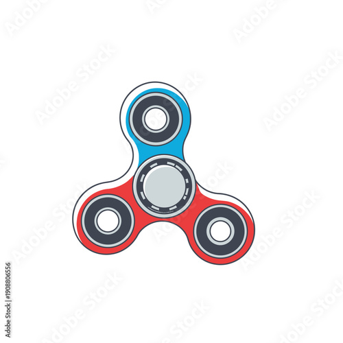A colorful fidget spinner with red and blue lobes against a white background