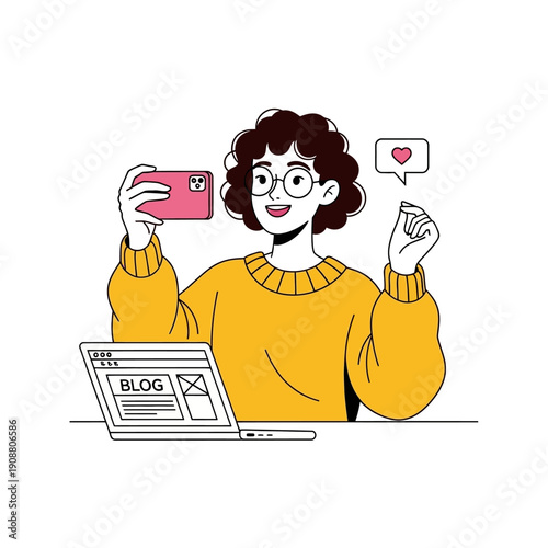 Young woman vlogging with a phone and laptop receiving positive feedback