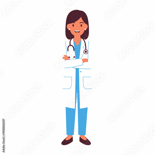 Cartoon depiction of a female doctor with a stethoscope and white coat