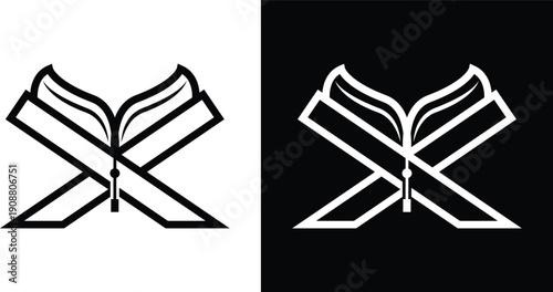 Minimal and modern Quran icon featuring an open holy book placed on a traditional Islamic rehal stand. Clean outline vector suitable for religious, education, Ramadan, and Eid design projects.