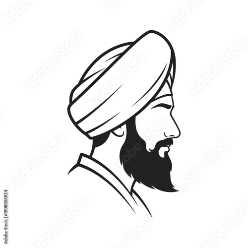 Stylized profile of a bearded man wearing a traditional turban