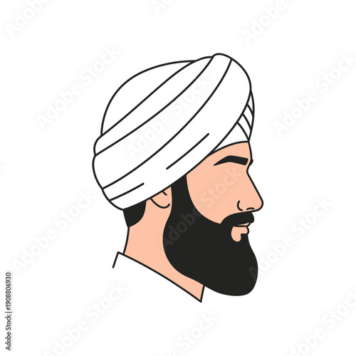 A minimalist illustration of a man s head in profile wearing a turban