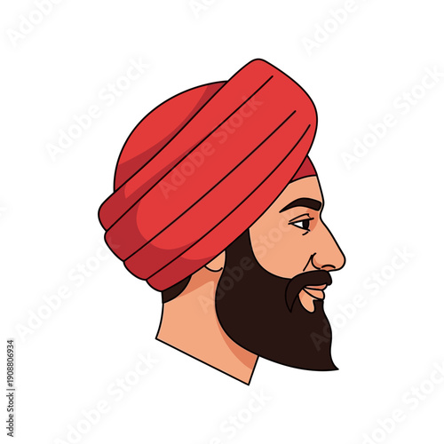 Cartoon profile of a sikh man wearing a red turban and beard
