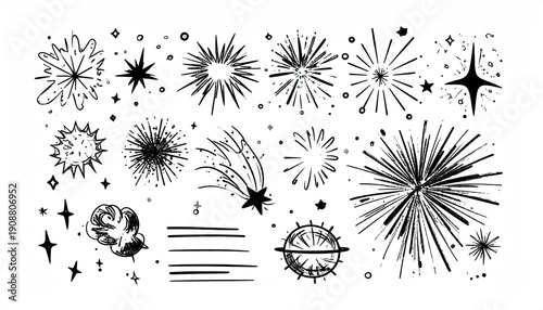 Hand-Drawn Starbursts and Space Objects in White Background. Use for decoration
