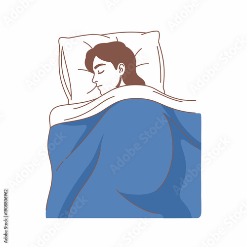 A woman with brown hair peacefully sleeping on a pillow under a blue blanket