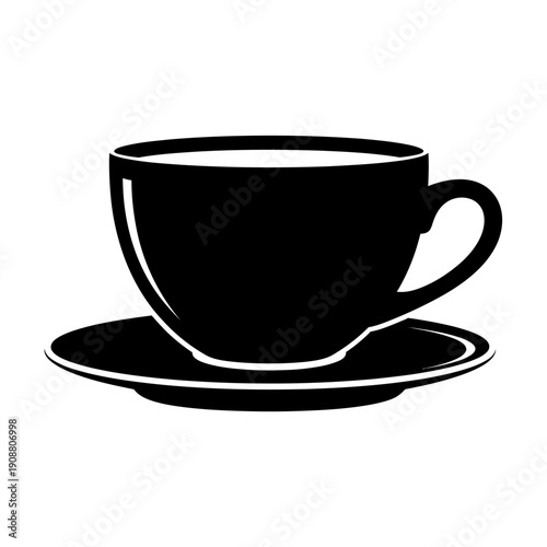Simple black and white illustration of a teacup and saucer