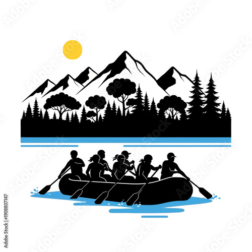 Silhouetted adventurers raft on a blue river beneath mountains