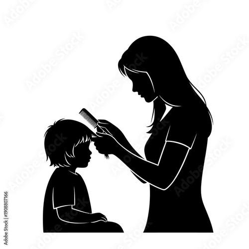 A mother combs her young child s hair in a tender silhouette