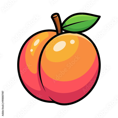 A vibrant cartoon illustration of a ripe round peach with a green leaf