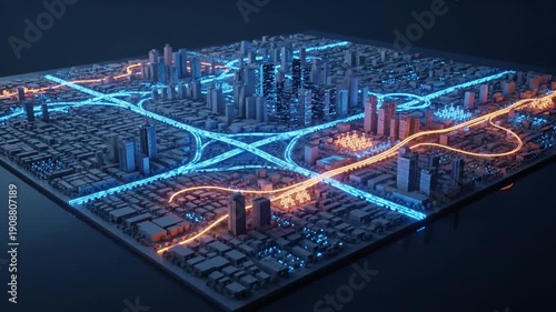 Futuristic Cityscape with Neon Network Grid.