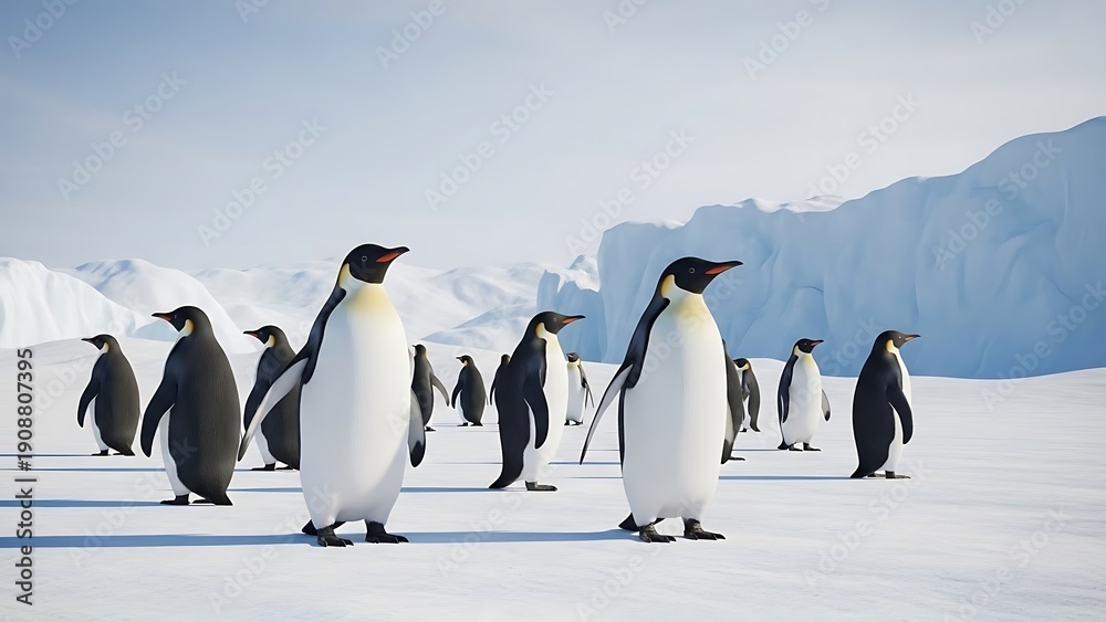 Obraz premium Colony of penguins standing on icy landscape with glaciers