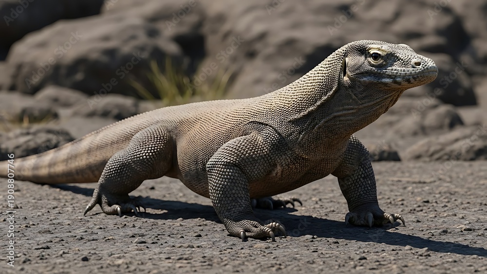 Fototapeta premium Large Komodo dragon standing on rocky terrain in natural habitat