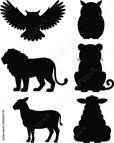 Animal silhouette vector set, owl lion cat sheep goat icons, wildlife and farm animal collection, black flat design illustration isolated