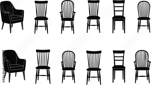Chair vector illustration, black silhouette artwork, furniture seating design, interior decor graphic, wooden chair drawing, modern home decorative style set