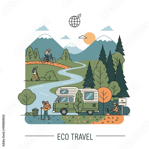 Eco travel illustration with RV, hiking, cycling in mountains
