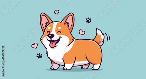 Cute cartoon corgi dog smiling with hearts and paw prints.
