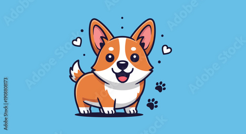 Cute cartoon corgi dog with hearts and paw prints.
