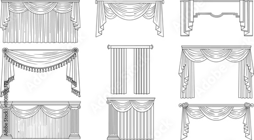 Elegant curtain and drapery vector set with decorative valances, tassels, fabric folds and classical window treatments for interior design illustration projects