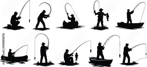 Fisherman silhouette set showing anglers fishing from shore and boats with rods and caught fish for outdoor recreation sport design and nature illustrations