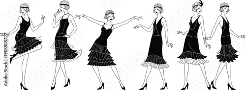 Flapper girl dancers in vintage 1920s outfits performing elegant jazz dance poses retro Charleston style illustration art deco themed vector design