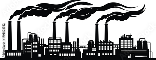 Industrial factory silhouette with chimneys emitting smoke pollution environmental impact illustration heavy industry skyline vector depicting air quality issues