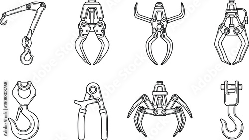 Industrial robotic gripper icons set, mechanical crane hooks, automation tools, factory machinery, engineering line illustration collection isolated