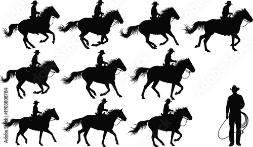 Cowboy riding horse vector illustration, black silhouette artwork, western culture design, lasso rope graphic, ranch icon pattern, wild west decorative style