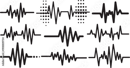 Various ECG heartbeat and waveform patterns on white background