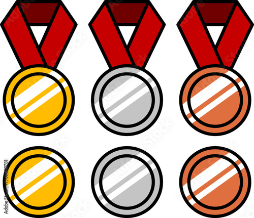 ランキングのメダルのセット。金、銀、銅。（Medals golden silver bronze ranking award 1st, 2rd, 3rd place）
